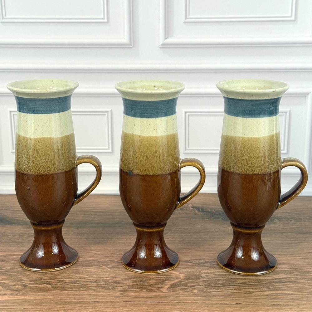 VTG Set of THREE 3 Otagiri Retro MCM Brown Blue Footed Ceramic Irish Coffee Mugs